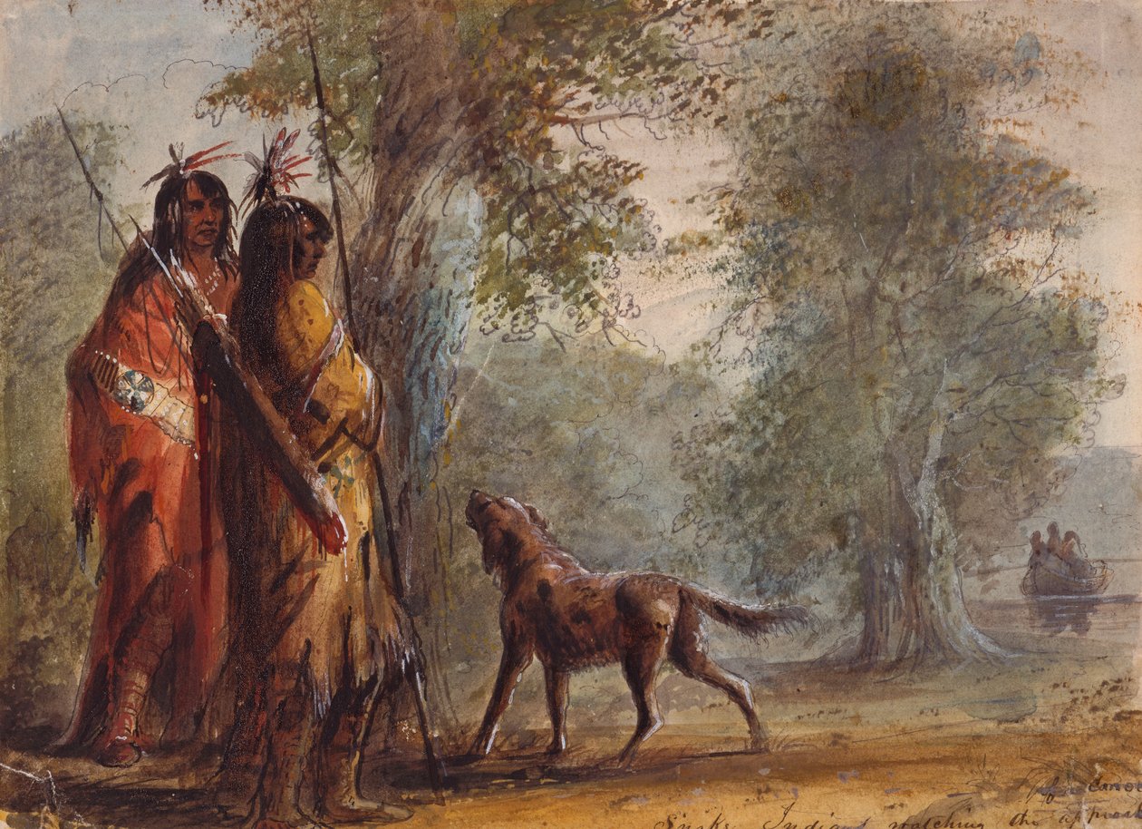Indianie węża obserwujący zbliżanie się kajaka, ok. 1837 (ołówek, akwarela i gwasz na papierze) autorstwa Alfred Jacob Miller