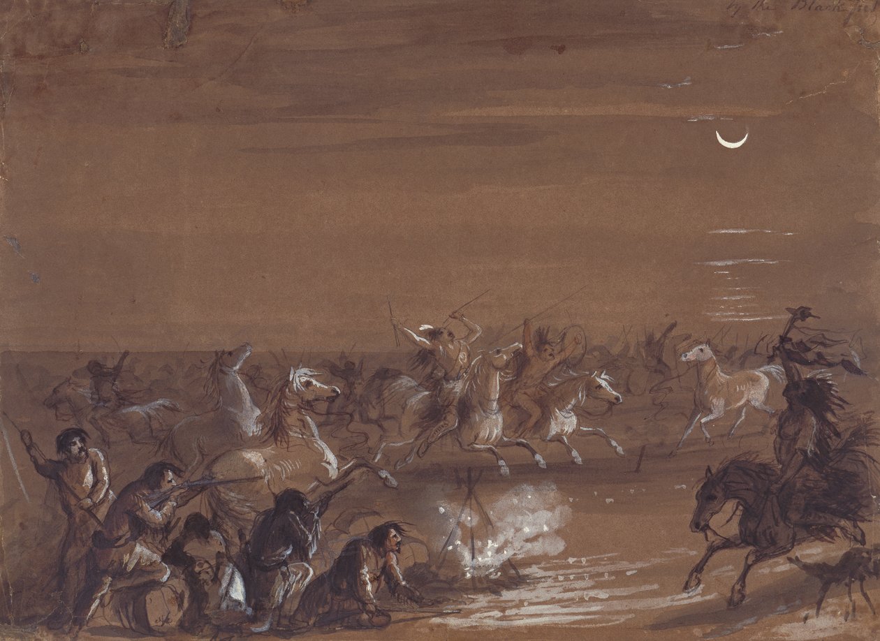 Stampede by the Blackfeet, ok. 1837 (tusz, pranie i gwasz na ciemnym papierze) autorstwa Alfred Jacob Miller