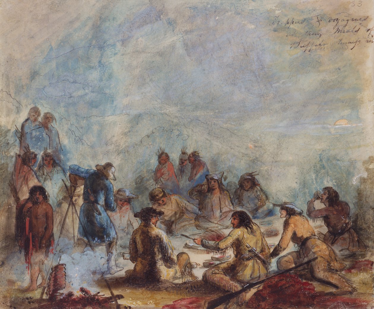 Wschód słońca, traperzy i podróżnicy podczas posiłków z żeberka bawole, ok. 1837 (akwarela na papierze) autorstwa Alfred Jacob Miller