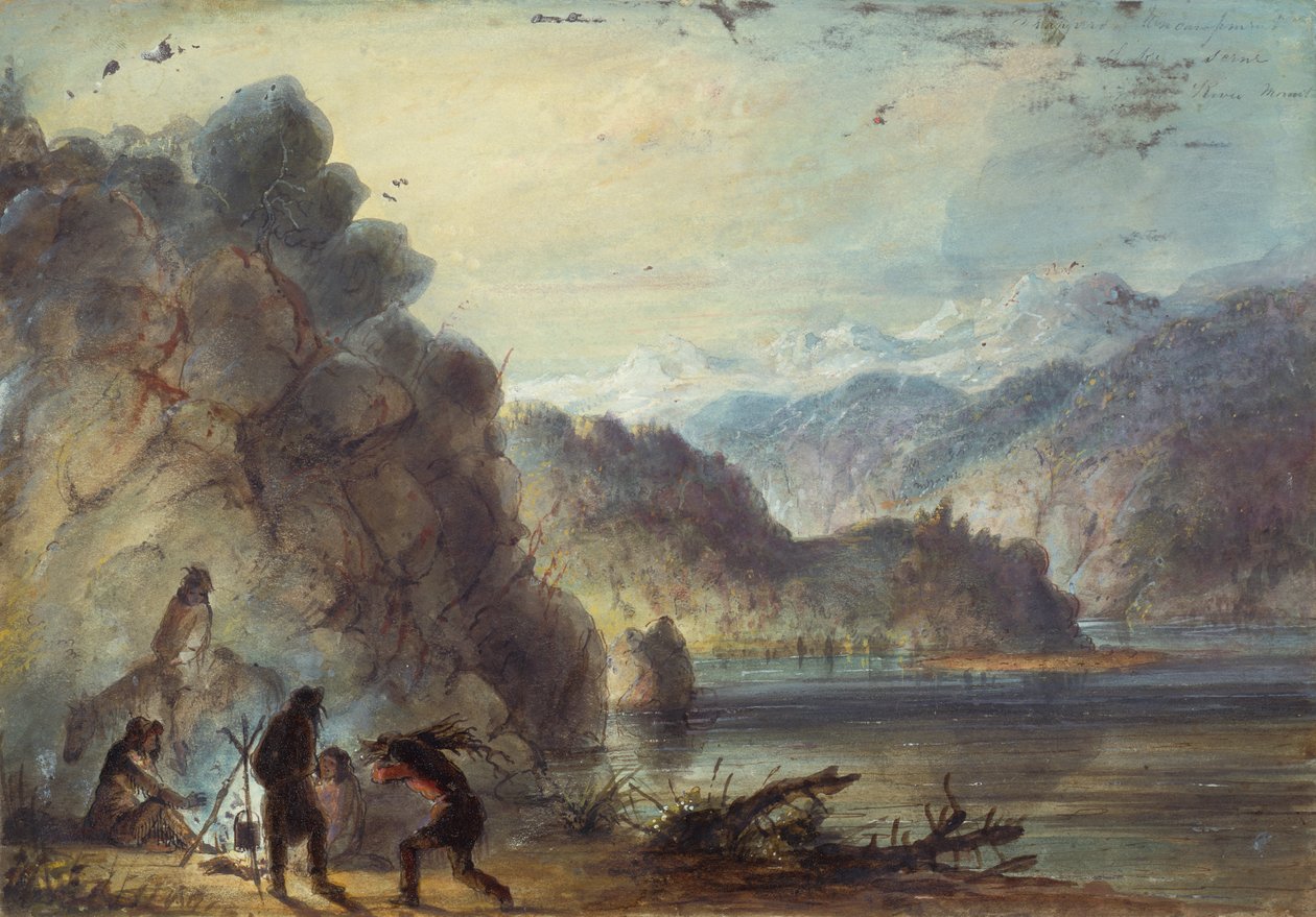 Obozowisko Traperów, Scena nad jeziorem, Góry Wind River, ok. 1837 (ołówek, akwarela i gwasz na papierze) autorstwa Alfred Jacob Miller