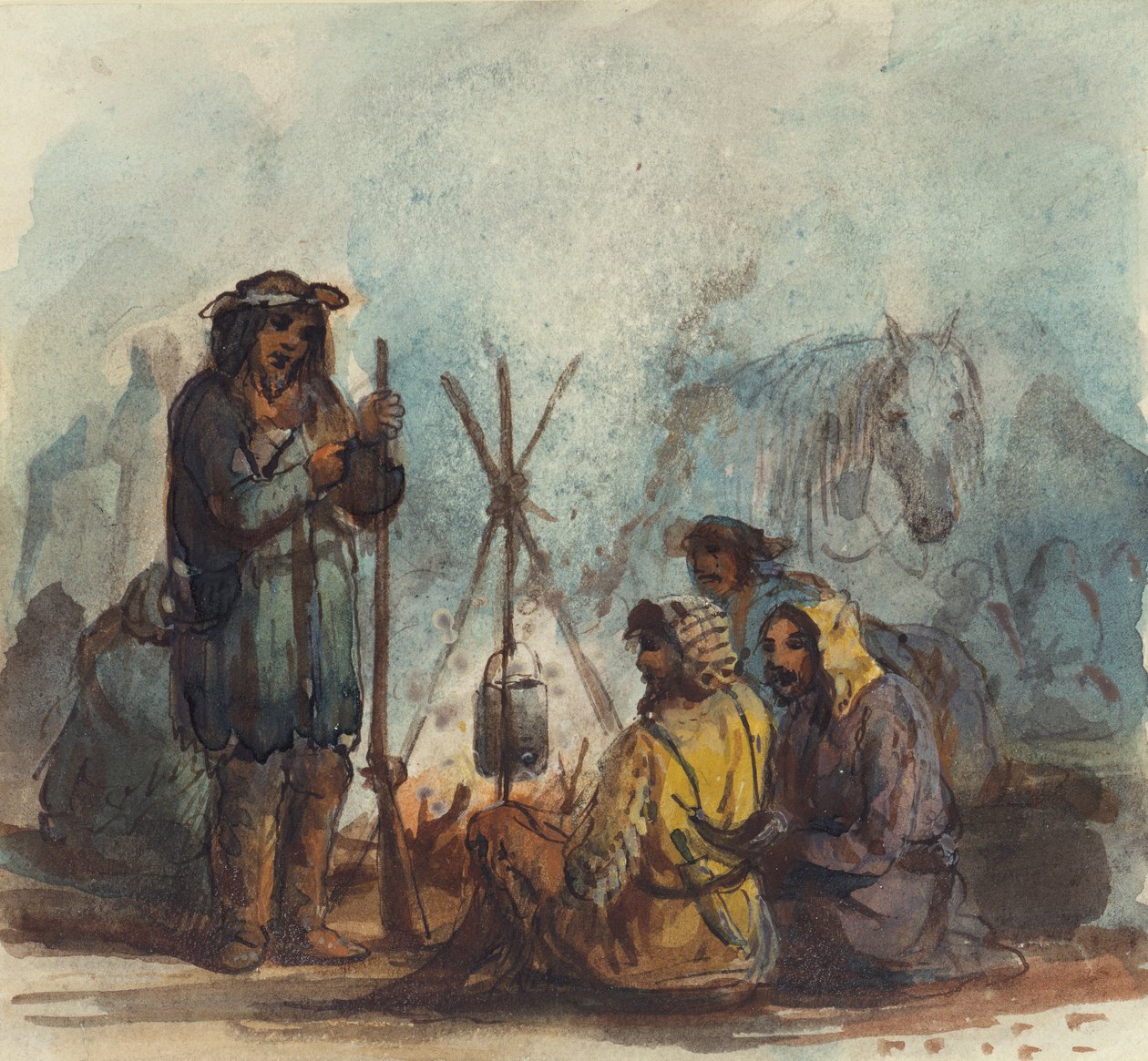 Traperzy, ok. 1837 (pióro i atrament, akwarela i gwasz na papierze) autorstwa Alfred Jacob Miller