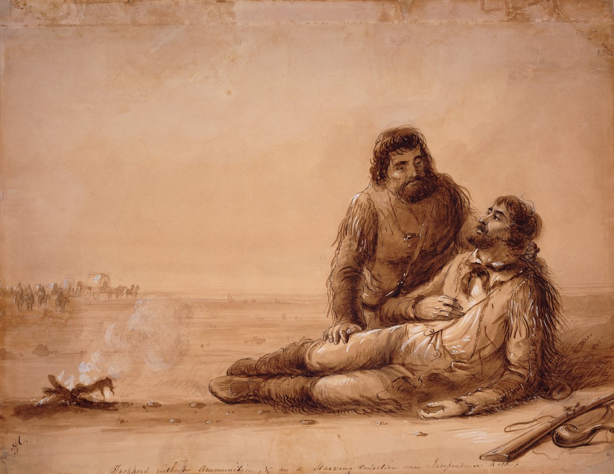 Traperzy bez amunicji i głodujący w pobliżu Independence Rock, ok. 1850 (pranie w sepii na papierze) autorstwa Alfred Jacob Miller