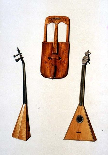 Walijski Crwth i rosyjska bałałajka z „Instrumenty muzyczne” (kolorowa lito) autorstwa Alfred James Hipkins