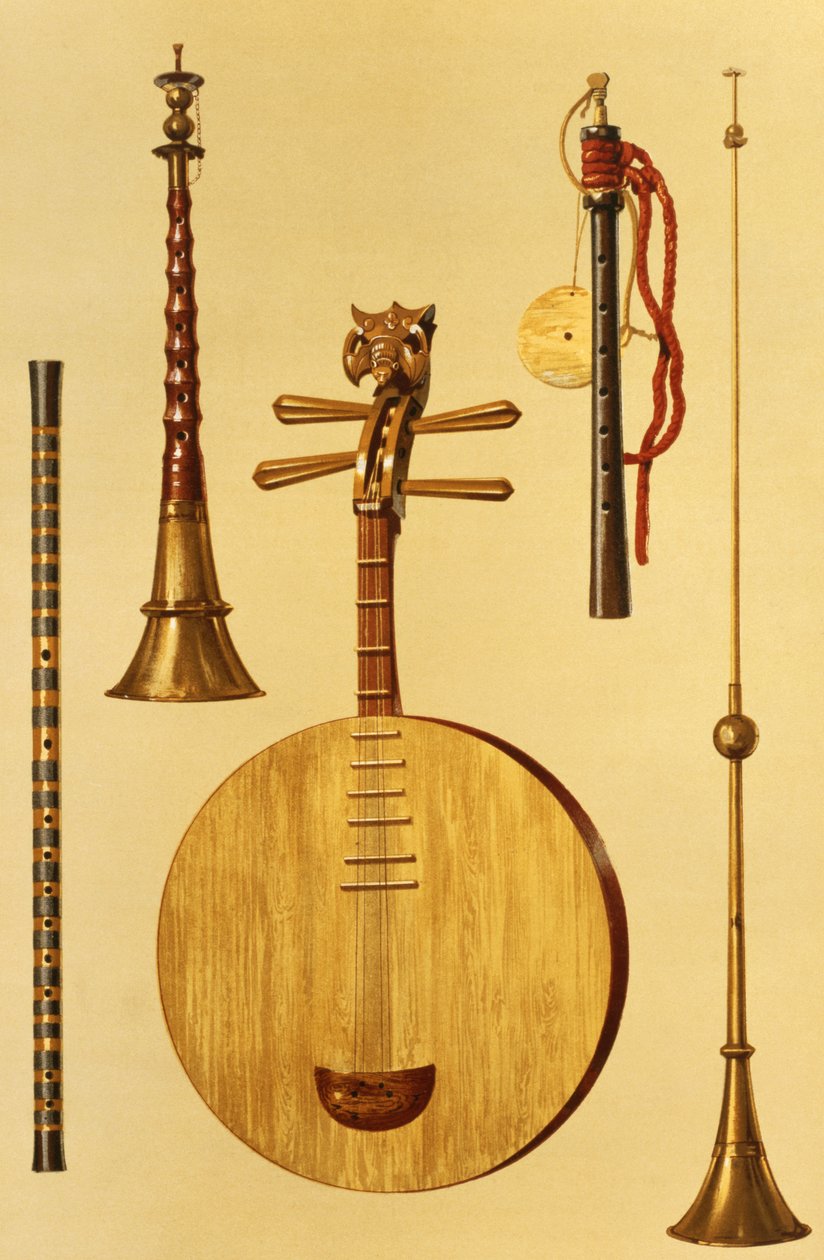 Dizi, sona, yueqin, chińska, japońska hichiriki i chińska laba z „Instrumenty muzyczne” (kolorowa lito) autorstwa Alfred James Hipkins