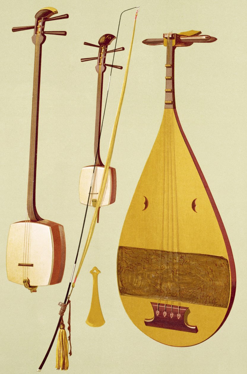 Szamisen, kokyu i biwa, japońska, z „Instrumentów muzycznych” (kolorowa lito) autorstwa Alfred James Hipkins
