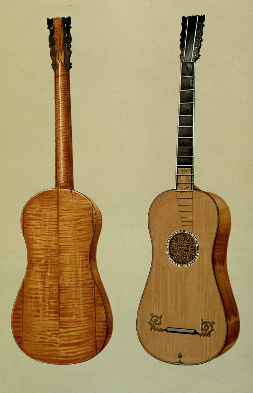 Gitara wykonana przez Antonio Stradivariusa (ok. 1644-1737), z „Instrumentów muzycznych” (kolorowa lito) autorstwa Alfred James Hipkins