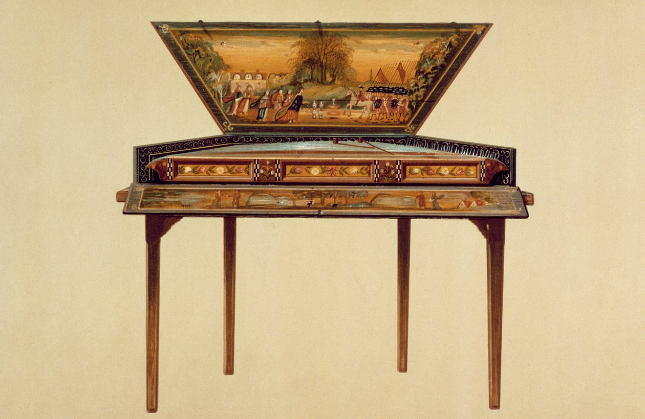 Młotkowane cymbały w malowanej puszce rezonansowej, XVIII w., z „Instrumenty muzyczne” (kolorowa lito) autorstwa Alfred James Hipkins