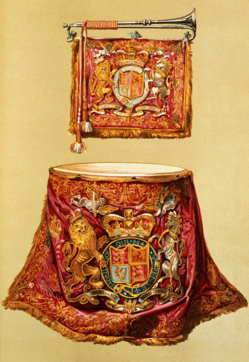 Trąbka państwowa, prawdopodobnie Jerzego III, i kotły, z atrybutami państwowymi, z "Instrumentów Muzycznych" (litografia kolorowa) autorstwa Alfred James Hipkins