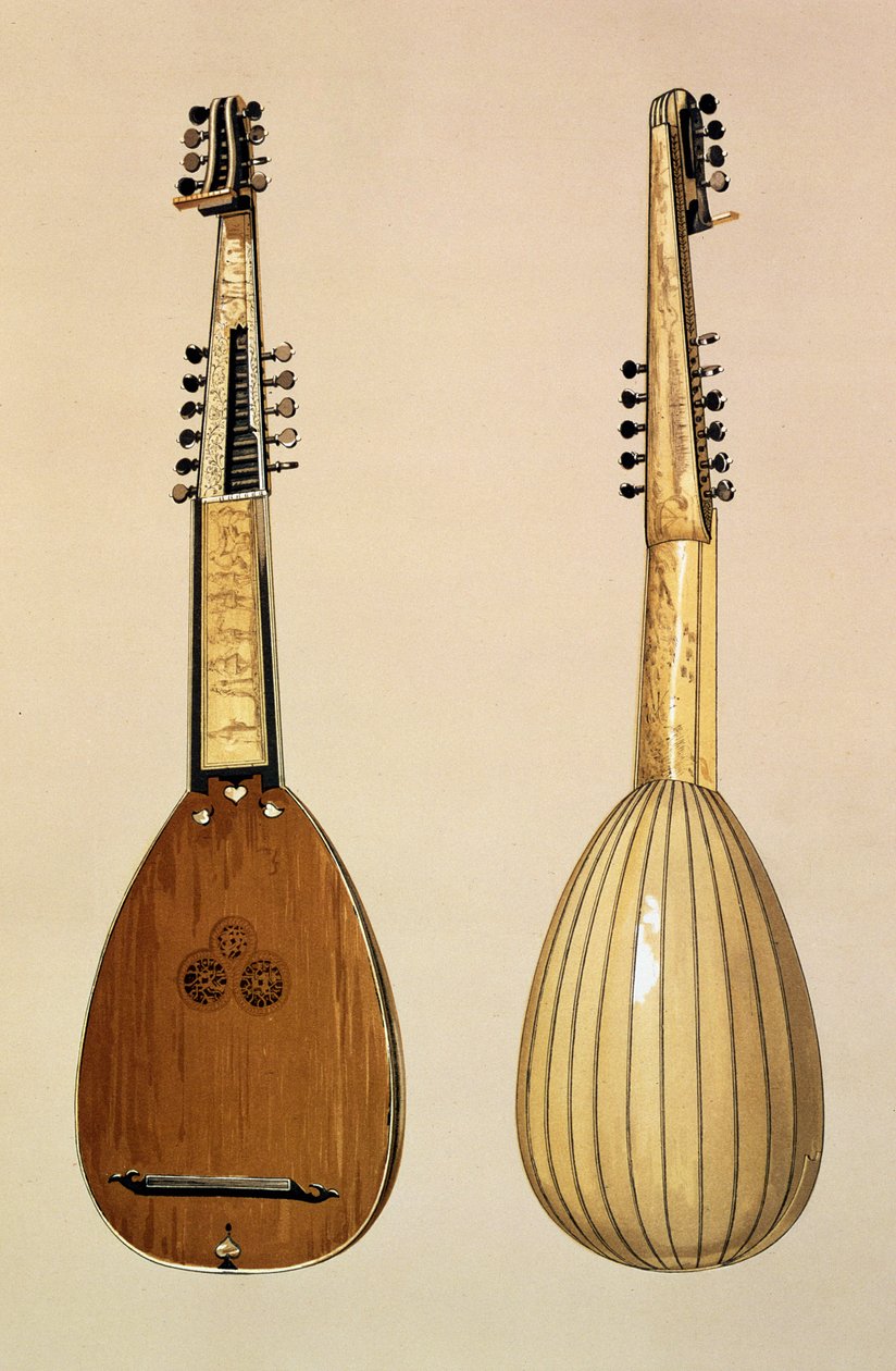 Theorbo, wykonany przez Giovanniego Krebara, Padwa, 1629, z „Instrumenty muzyczne” autorstwa (kolorowa lito) autorstwa Alfred James Hipkins