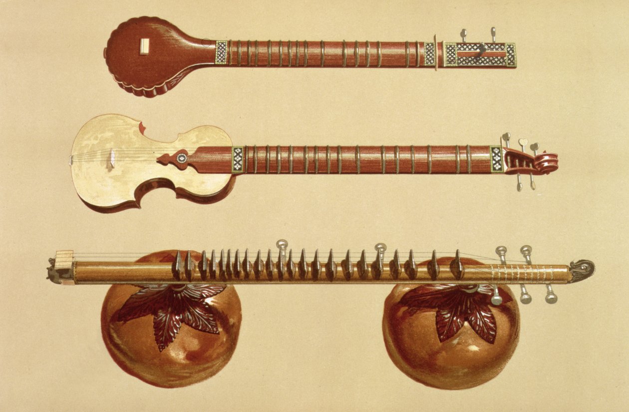 Dwa sitary i Rudra vina, indyjska, z „Instrumenty muzyczne” (kolorowa lito) autorstwa Alfred James Hipkins