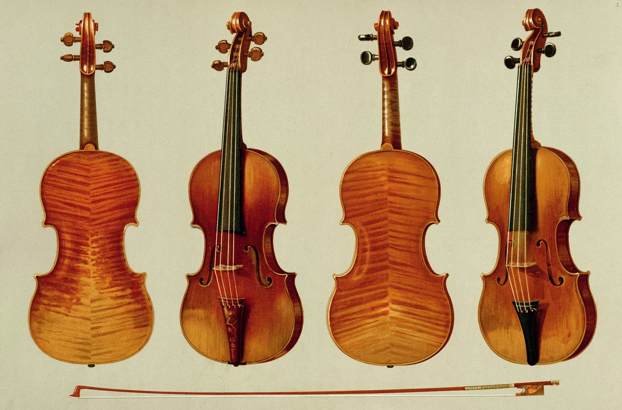 Skrzypce (Ltor): „Alard” Antonio Stradivariusa (ok. 1644-1737) 1715 i „Król Józef” Giovanniego Guarneriego „del Gesu” (zm. 1744) z „Instrumenty muzyczne” (kolorowa lito) autorstwa Alfred James Hipkins
