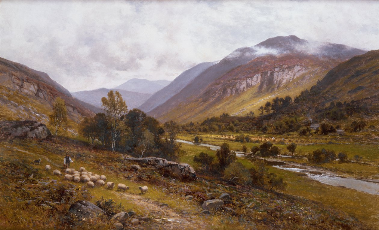 Dolina rzeki z górzystym krajobrazem za nią (olej na płótnie) autorstwa Alfred Jr. Glendening