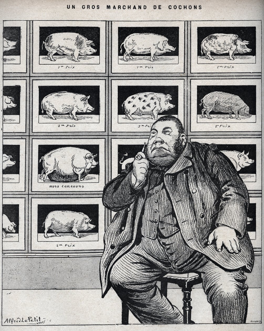 Duży handlarz trzodą chlewną - Karykatura w „Le Cochon, pamiątki z Normandii” 1898 autorstwa Alfred Le Petit