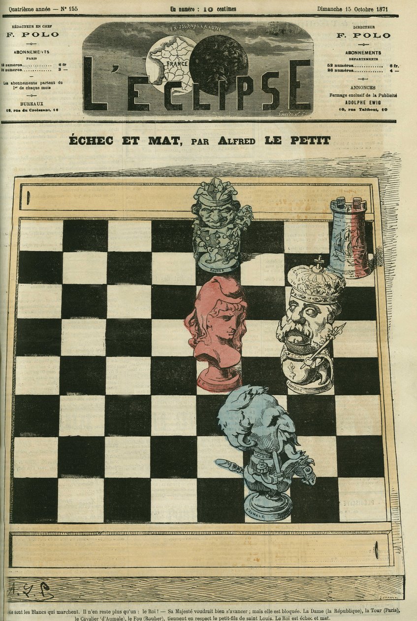Porażka i mat, Dame-Republique, Tour-Paris, Cavalier-Duc of Aumale (1822-1897), Fou-Rouher (1814-1884) zawiodły króla Ludwika Orleańskiego (1838-1894). Okładka w „”L