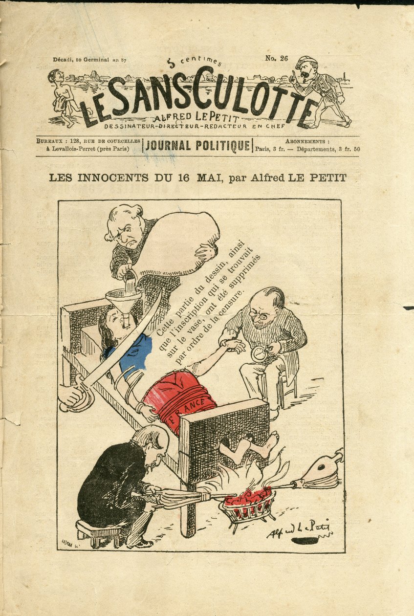 Ilustracja Alfreda Le Petit (1841-1909) do okładki Le Sans-Culotte, ok. 1879 - Niewinni 16 maja - Cenzura, 16 maja autorstwa Alfred Le Petit