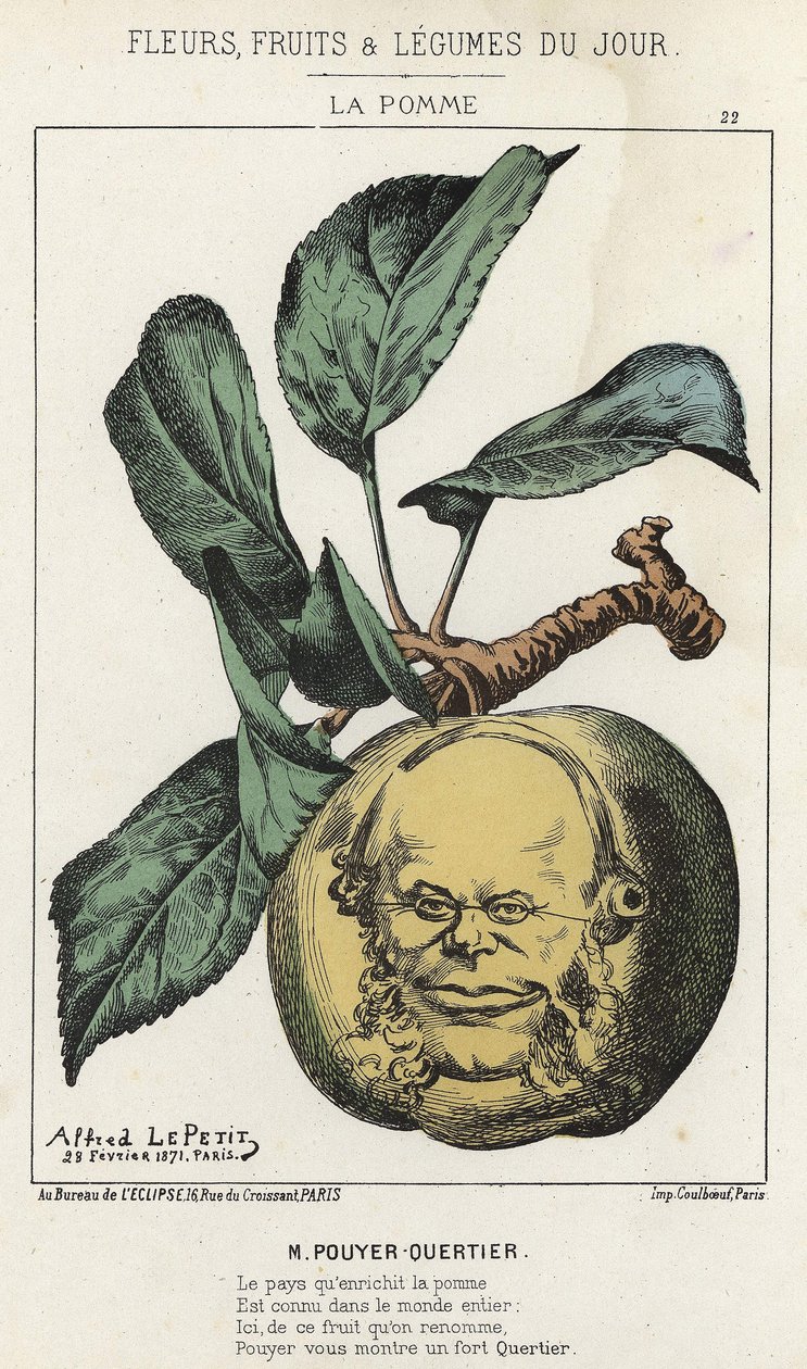 La Pomme: karykatura na Pouyer Quertier (Pouyer-Quertier) - il. z 28.02.1871 w „Kwiaty, Owoce i Warzywa Dnia” autorstwa Alfred Le Petit