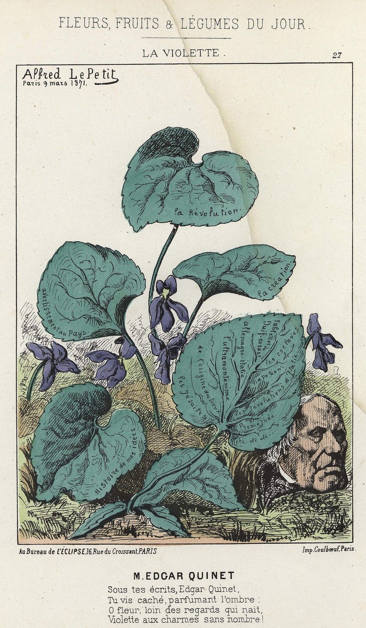 La Violette: Karykatura o Edgar Quinet - ch. od 09.03.1871 w „Kwiaty, Owoce i Warzywa Dnia” autorstwa Alfred Le Petit