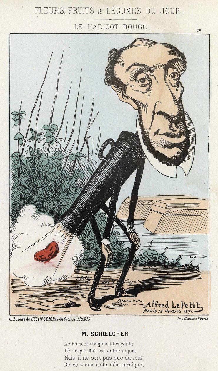 Le Bean rouge: karykatura Victora Schoelchera przedstawia w pociągu Piotra fasolkę (pierd) - il. z 16.02.1871 r. Alfreda Le Petité, w „”Kwiaty, owoce i warzywa dnia””. autorstwa Alfred Le Petit