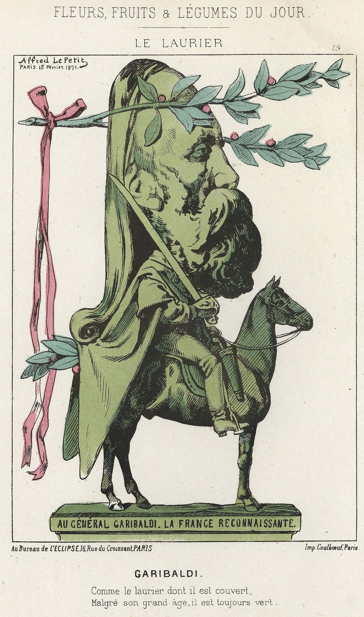 Le Laurier: Karykatura o Garibaldim - ch. z 15.02.1871 w „Kwiaty, owoce i warzywa dnia” autorstwa Alfred Le Petit