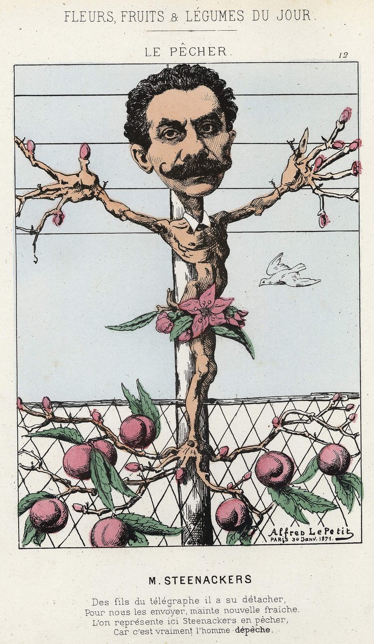 Le Pêcher: Karykatura o Steenackers - il. z 30.01.1871 w „Kwiaty, Owoce i Warzywa Dnia” autorstwa Alfred Le Petit