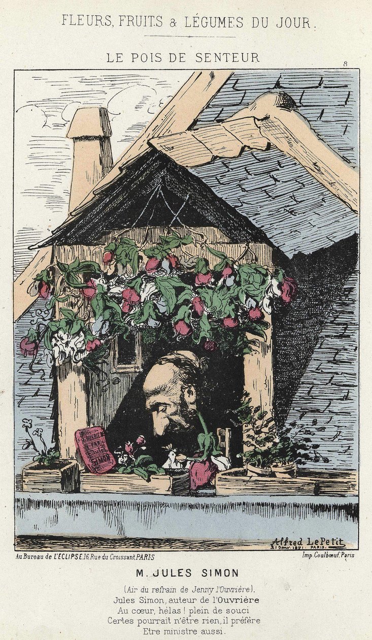 Le Peas de Fragreur: karykatura o Jules Simon (1814 - 1896) - il. od 12.01.187 w „Kwiaty, Owoce i Warzywa Dnia” autorstwa Alfred Le Petit