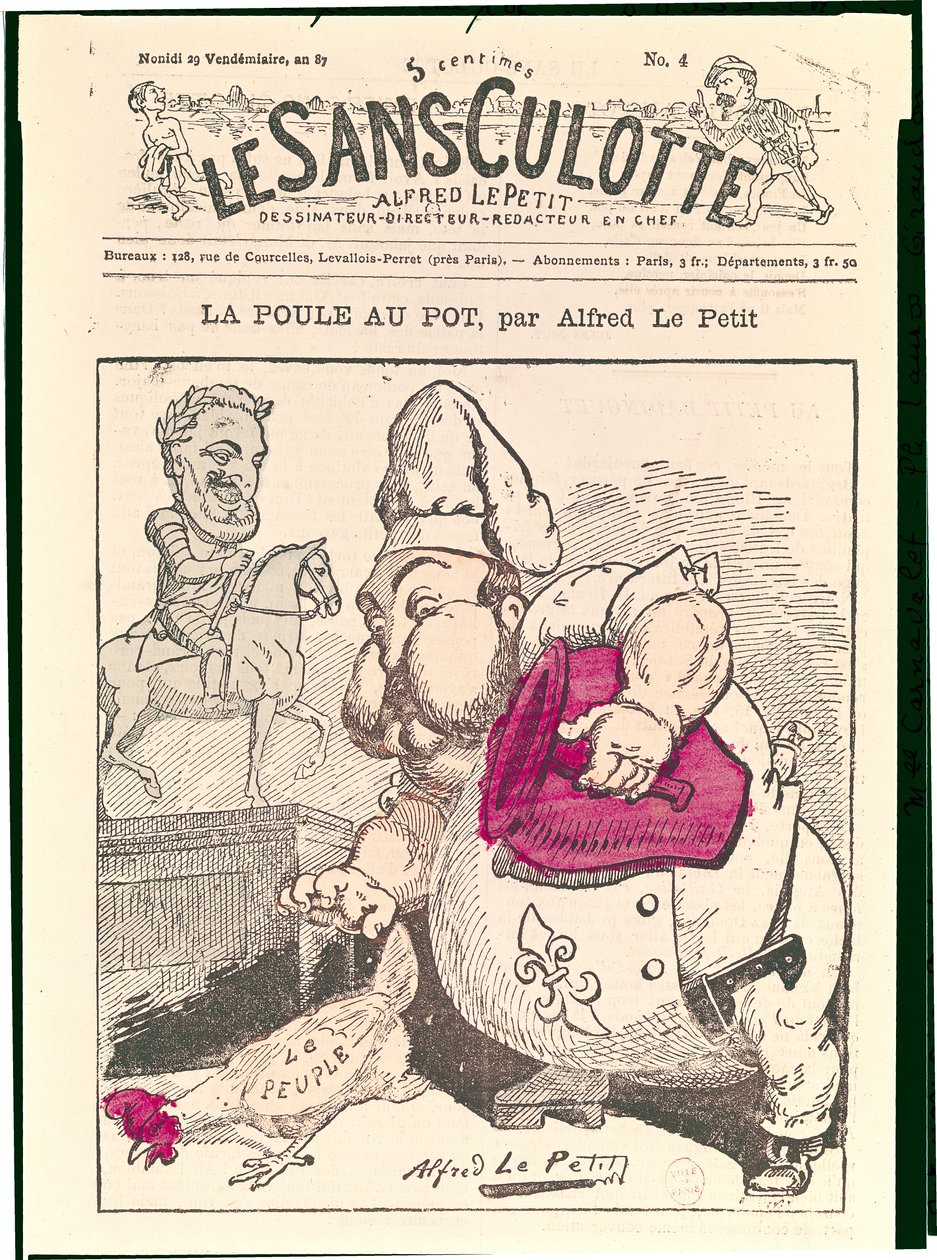 „Le Poule au Pot”, karykatura Henri Charles Ferdinand Marie Dieudonne (1820-83) hrabiego Chambord, z „Le Sans-Culotte”, 1879 autorstwa Alfred Le Petit
