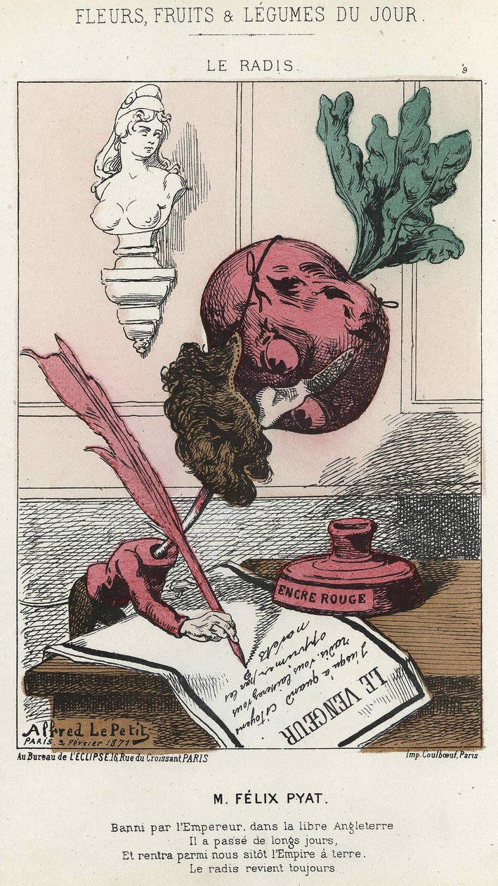 Le Radis: Karykatura o Félix Pyat (1810 - 1889) - il. z 02.02.187 w „Kwiaty, Owoce i Warzywa Dnia” autorstwa Alfred Le Petit