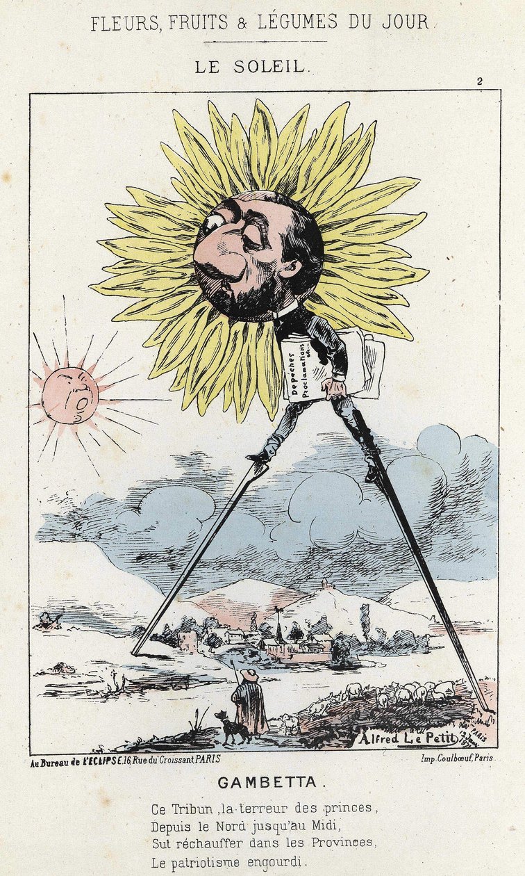 Le Soleil (słonecznik): karykatura na Gambetta (1838 - 1882) - il. z 12.01.1871 w „Kwiaty, owoce i warzywa dnia” autorstwa Alfred Le Petit
