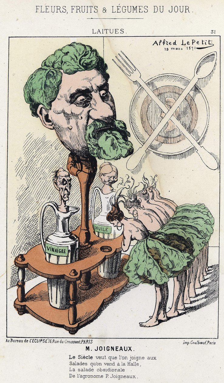 Sałaty: karykatura na Joigneaux - il. z 18.03.1871 w „Kwiaty, owoce i warzywa du Jour” autorstwa Alfred Le Petit