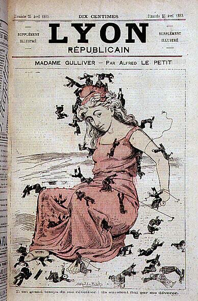 Madame Gulliver: Najwyższy czas mnie obudzić: zjedliby mnie (Marianne stojąca i duchowni, w Lilliputians, próbujący ją związać) – Alfred Le Petitty, w „Republice Lyonu” z 25 /04/1880 autorstwa Alfred Le Petit