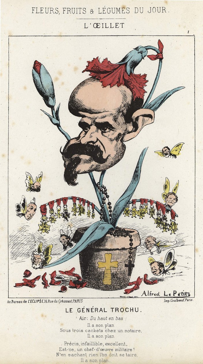 Goździk: rysunek przedstawiający generała Louisa Julesa Trochu (1815 - 1896) - il. z 11.01.1871 w „Kwiaty, owoce i warzywa dnia” autorstwa Alfred Le Petit