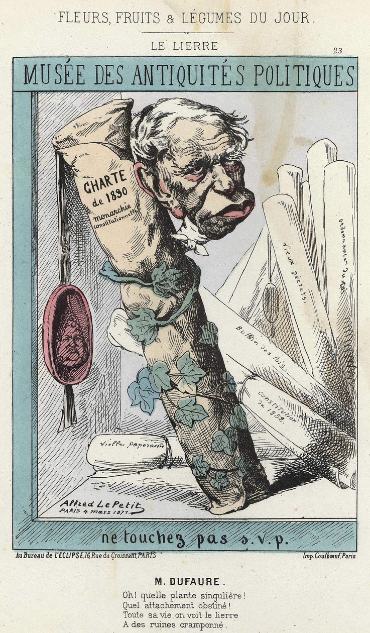 Bluszcz: Karykatura Julesa Armanda (Jules-Armand) Dufaure (1798-1881) w bluszczu otaczająca rolkę papieru z napisem „Karta z 1830 r.” i pieczęć z głową króla Ludwika Filipa 1. - chory. z 04.03.1871 w ” Kwiaty, Owoce i Warzywa autorstwa Alfred Le Petit