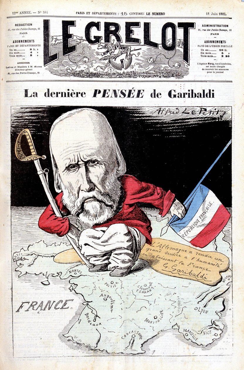 Ostatnia myśl Garibaldiego. Karykatura w Le Bell autorstwa Alfred Le Petit