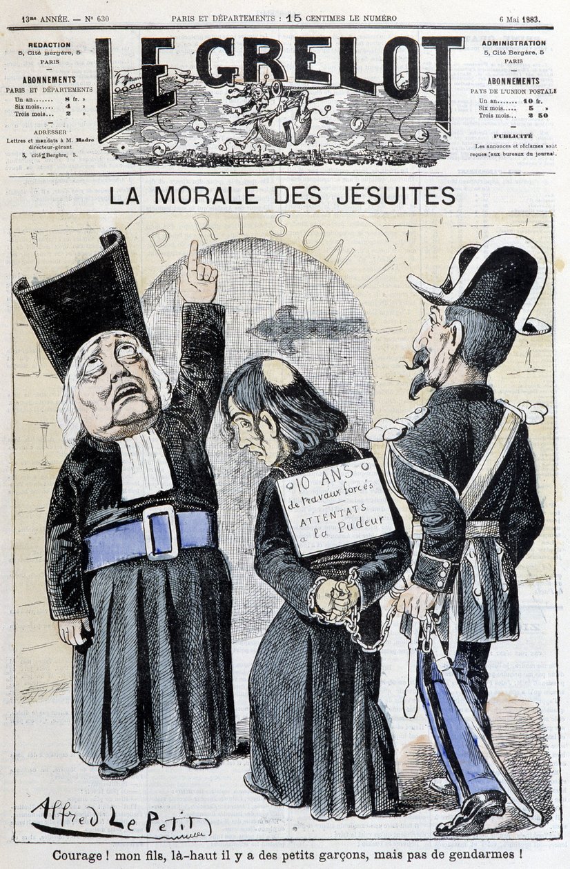 Morał jezuitów „Zachęcaj! Synku, na górze są mali chłopcy, ale żandarmi!” , maj 1883 (grawerowanie) autorstwa Alfred Le Petit