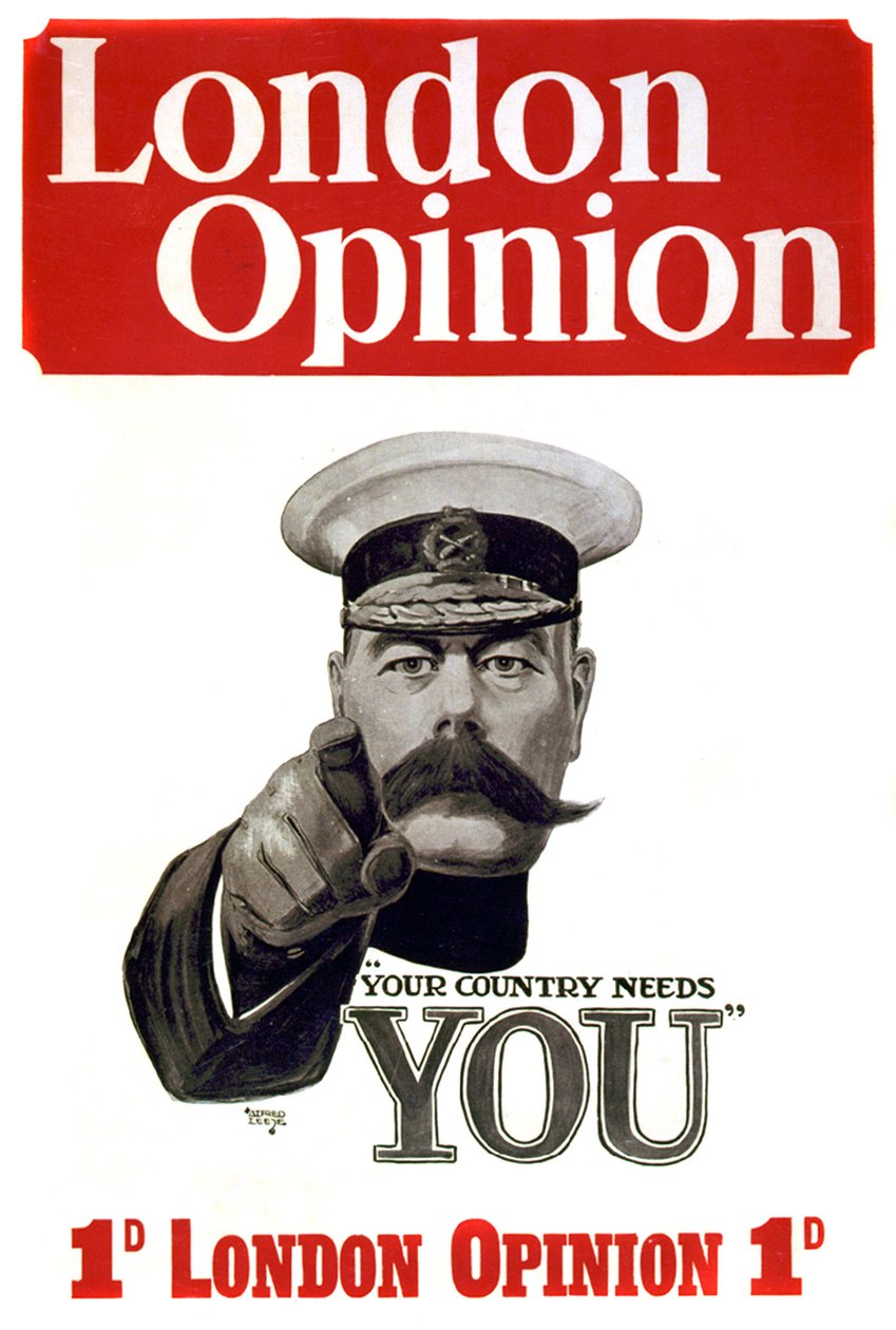 Pierwsza wojna światowa: plakat do rekrutacji brytyjskich żołnierzy: dowódca Lord Horatio Herbert Kitchener z Chartumu (1850-1916), brytyjski żołnierz i mąż stanu wskazujący na potencjał militarny „Kraj cię potrzebuje” Rysunek Alfreda Leete (1882-1933) 191 autorstwa Alfred Leete