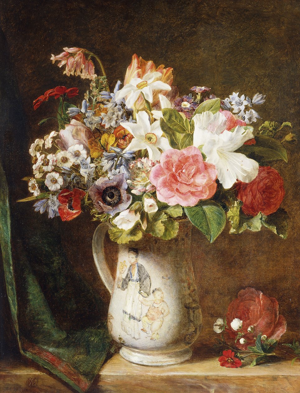 Róże Tulipany i inne kwiaty w porcelanowym kuflu na drapowanej półce, autorstwa Alfred Morgan