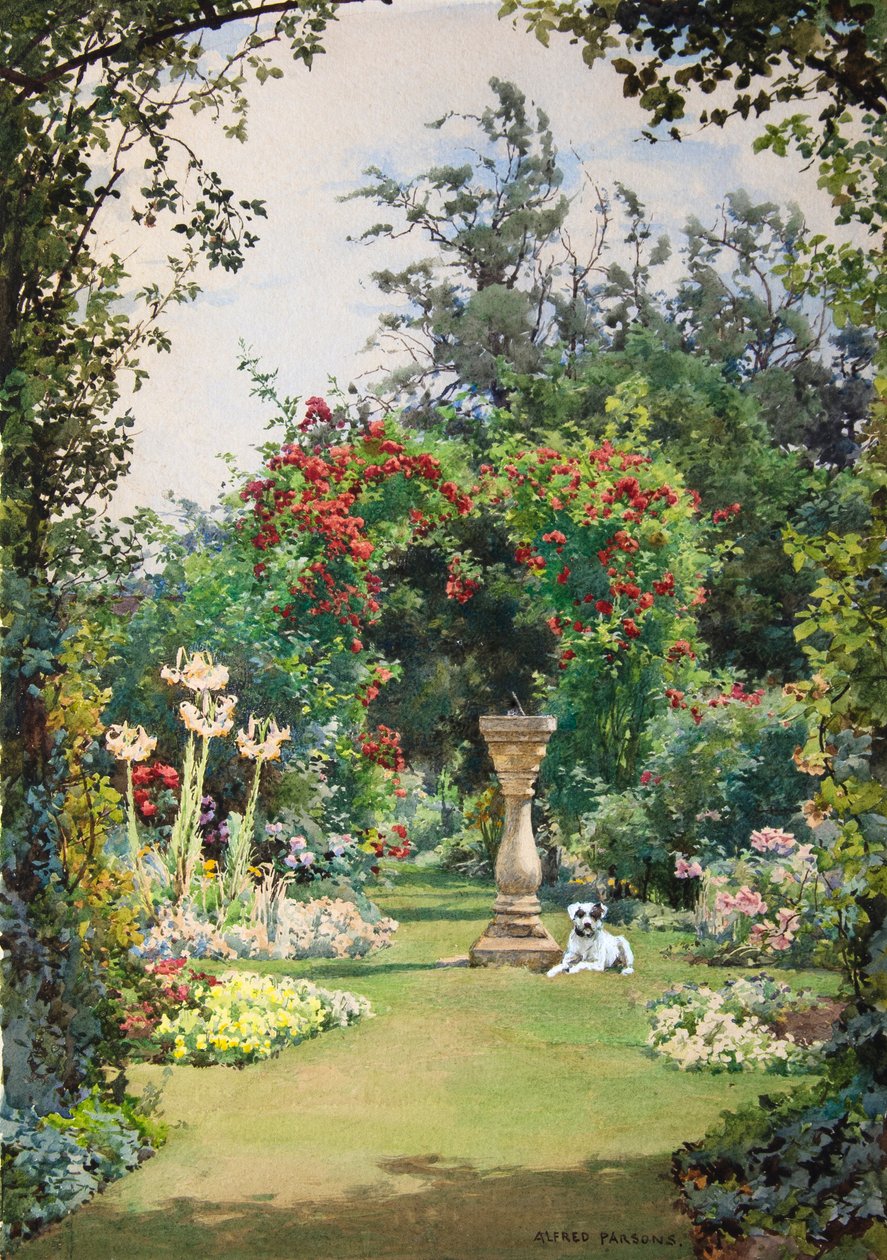 Przy zegarze słonecznym, wczesne lato, Broadway (akwarela z akwarelą) autorstwa Alfred Parsons