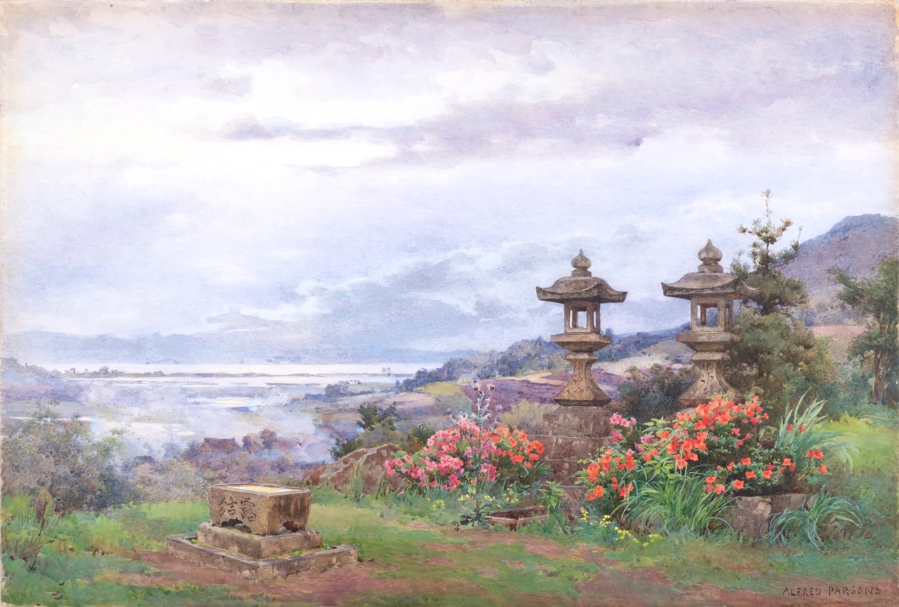 Zachód słońca nad jeziorem Biwa z Tennenji (akwarela) autorstwa Alfred Parsons