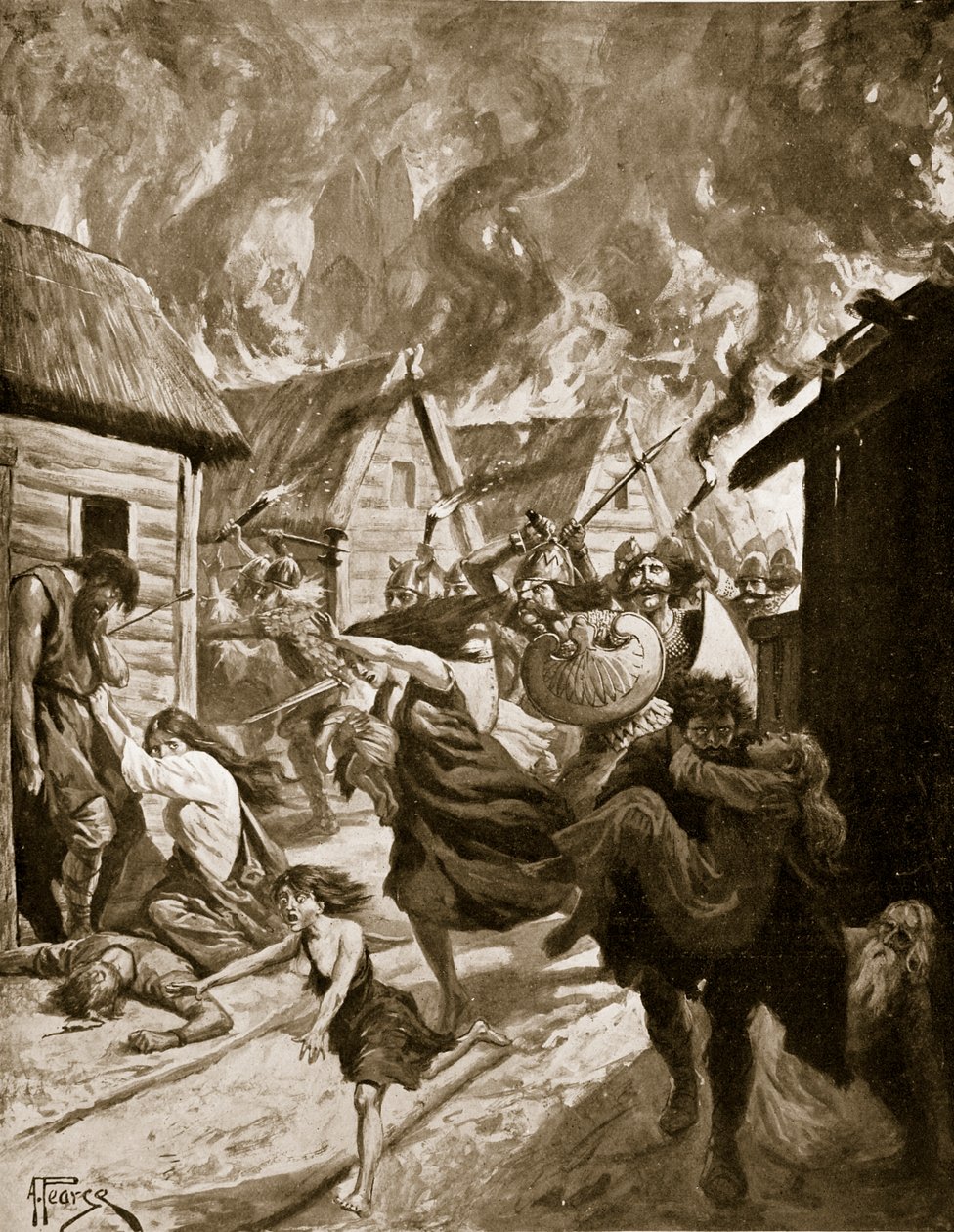 Canterbury spalone przez Duńczyków, 851 rne, ilustracja z „Historii narodu brytyjskiego Hutchinsona”, ok. 1920 r. (litografia) autorstwa Alfred Pearse