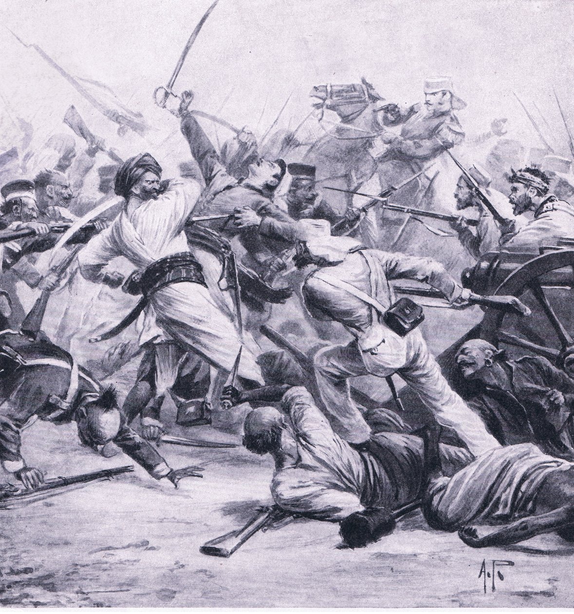 Klęska Nicholsona nad buntownikami pod Nadżafgarh, 2 sierpnia 1857, ilustracja z brytyjskich bitew na lądzie i morzu, 1915 autorstwa Alfred Pearse