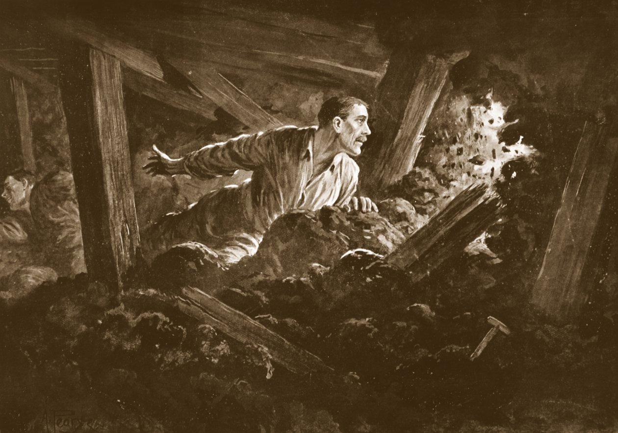 Saper W. Hackett odmawia opuszczenia towarzysza, który leży ciężko ranny w chodniku górniczym. autorstwa Alfred Pearse