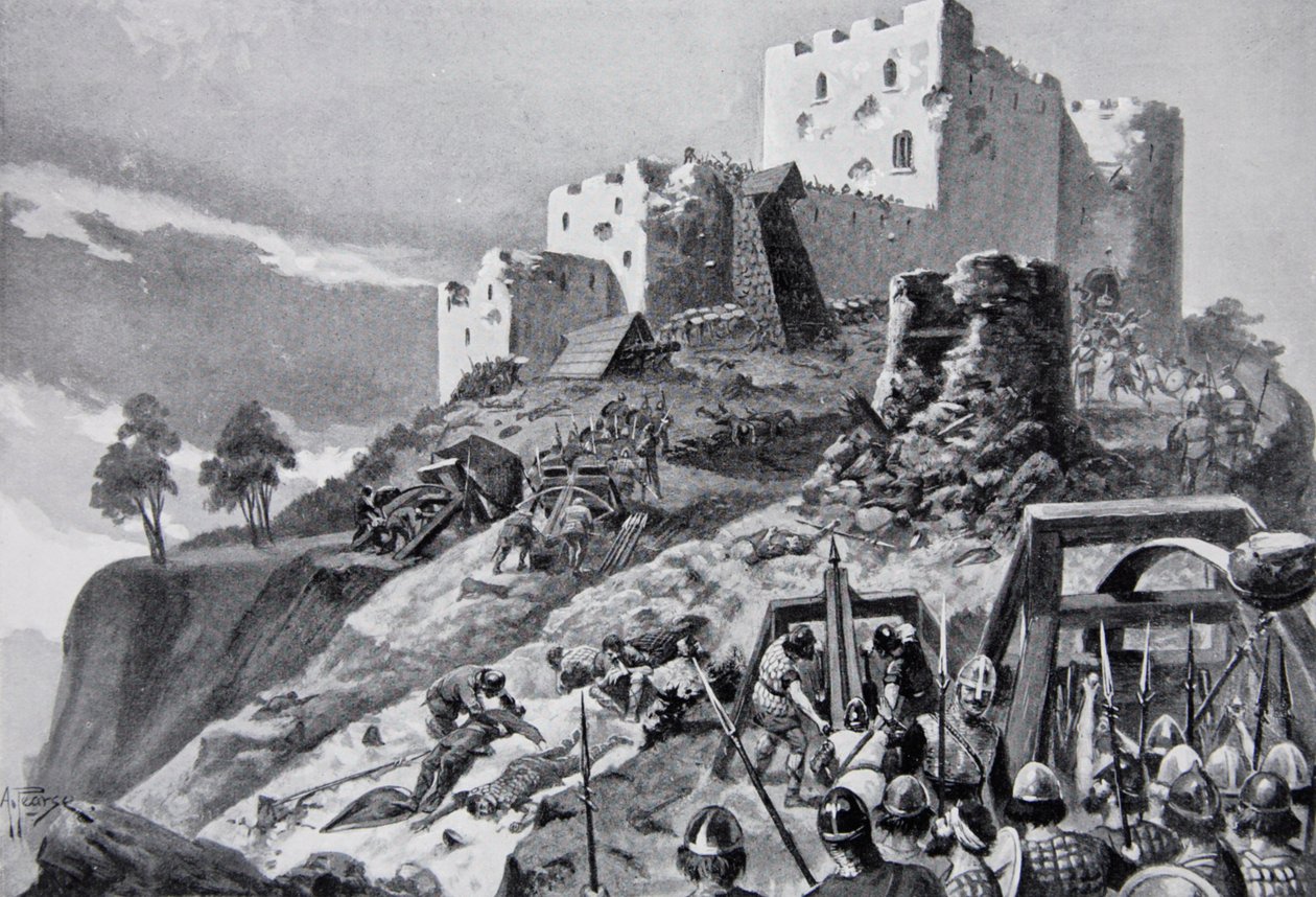 Walijski atak na zamek Montgomery w 1095 prowadzony przez Cadwgana ap Bleddyna, księcia Powys, ilustracja z „Hutchinson