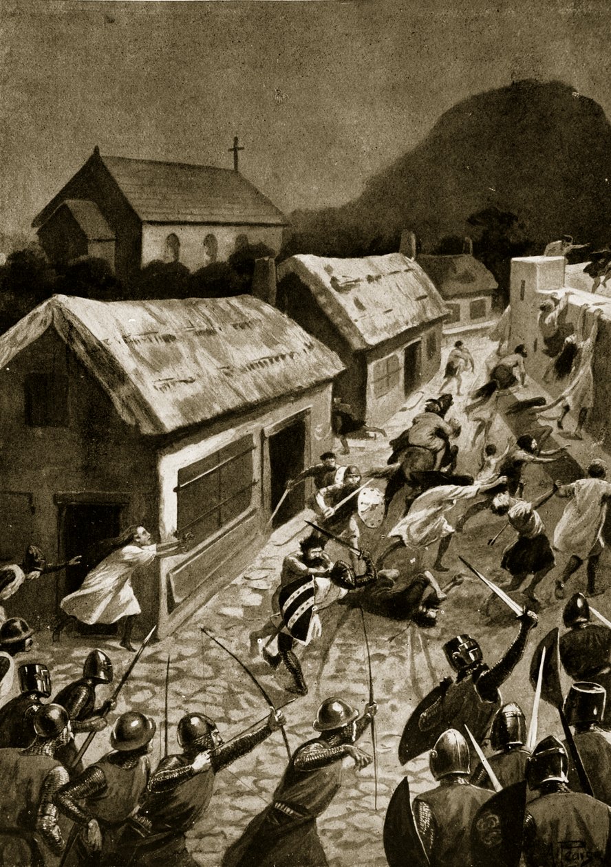 Szturm na Berwick przez Szkotów, listopad 1354, ilustracja z „Hutchinson