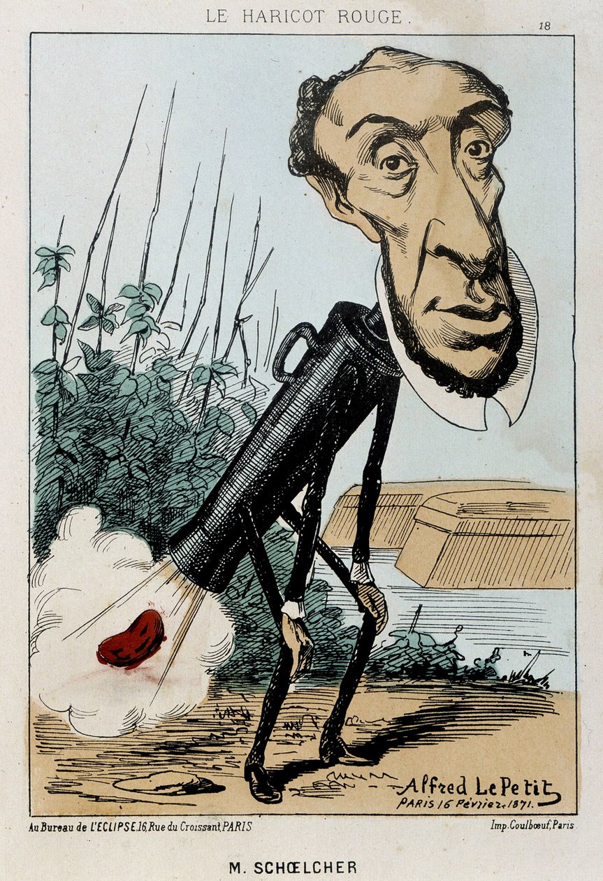 Le Bean rouge: karykatura Victora Schoelchera przedstawiona w pociągu Piotra fasola (pierdnięcie) - il. z 16.02.1871 w „Fleurs, Fruits et Vegetables du Jour” autorstwa Alfred Petit