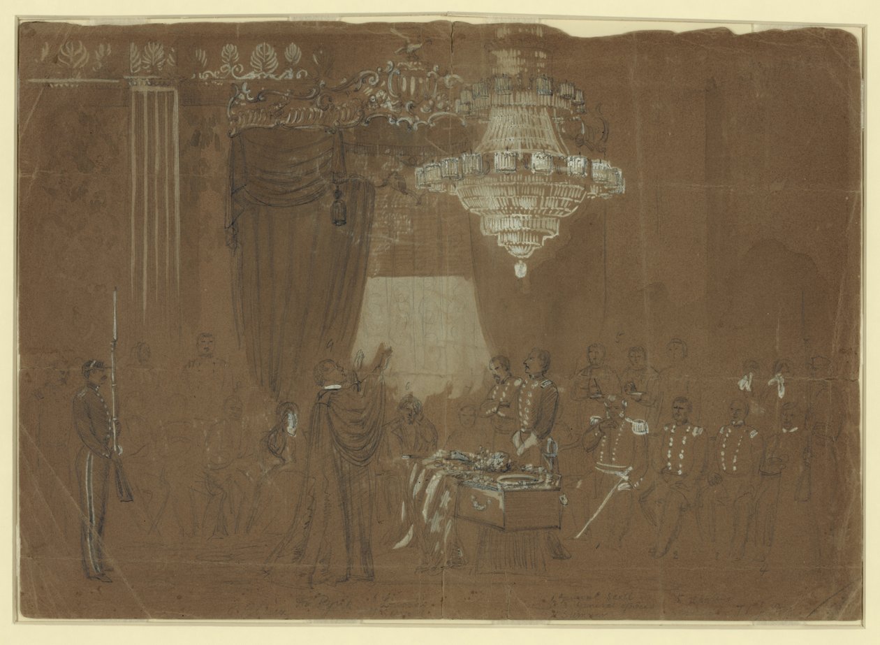 Nabożeństwo pogrzebowe nad płk Ellsworth w Białym Domu East Room Streszczenie/średnie autorstwa Alfred R. Waud