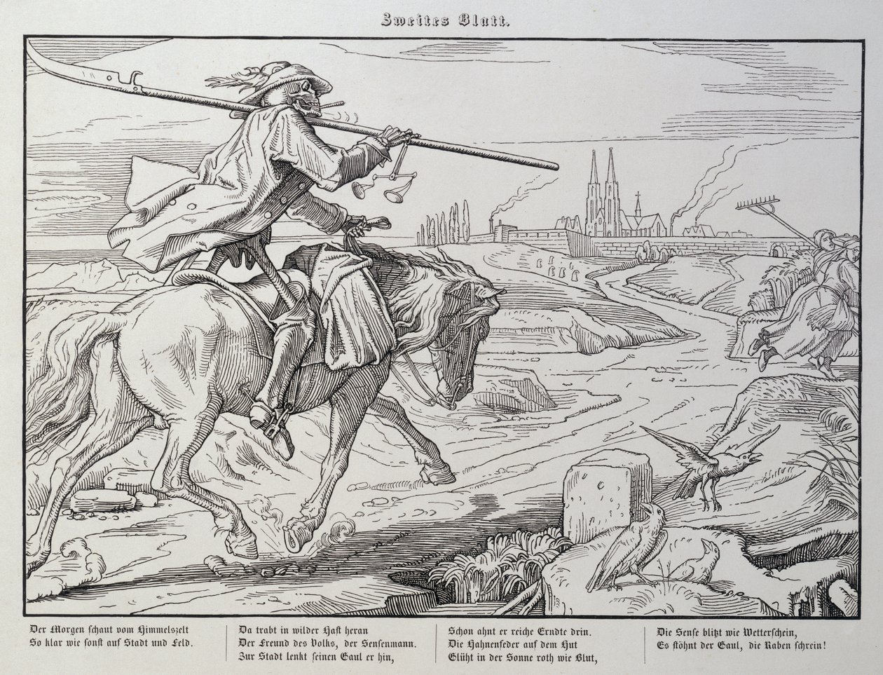 Death Rides to Town, tablica 2 z "Another Dance of Death" wydanej przez Georga Wiganda w Lipsku, 1849 r. autorstwa Alfred Rethel