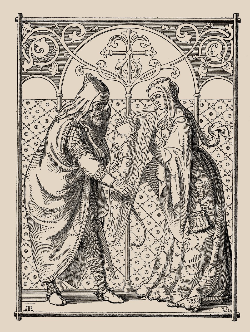 Nibelungowie. Prośba o tarczę Hagena, 1840-1841. autorstwa Alfred Rethel