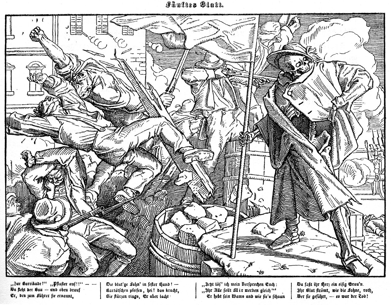 Totentanz 1848: Śmierć prowadzi rewolucyjnych obywateli autorstwa Alfred Rethel