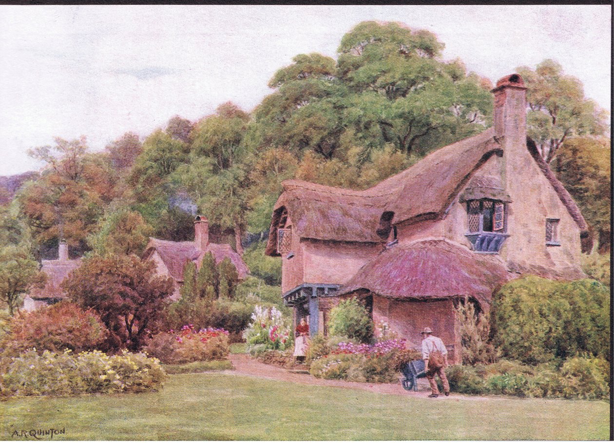 Almshouses, Selworthy Green, Somerset, z The Cottages and the Village Life of Rural England wydanej przez Dent & Sons Limited autorstwa Alfred Robert Quinton