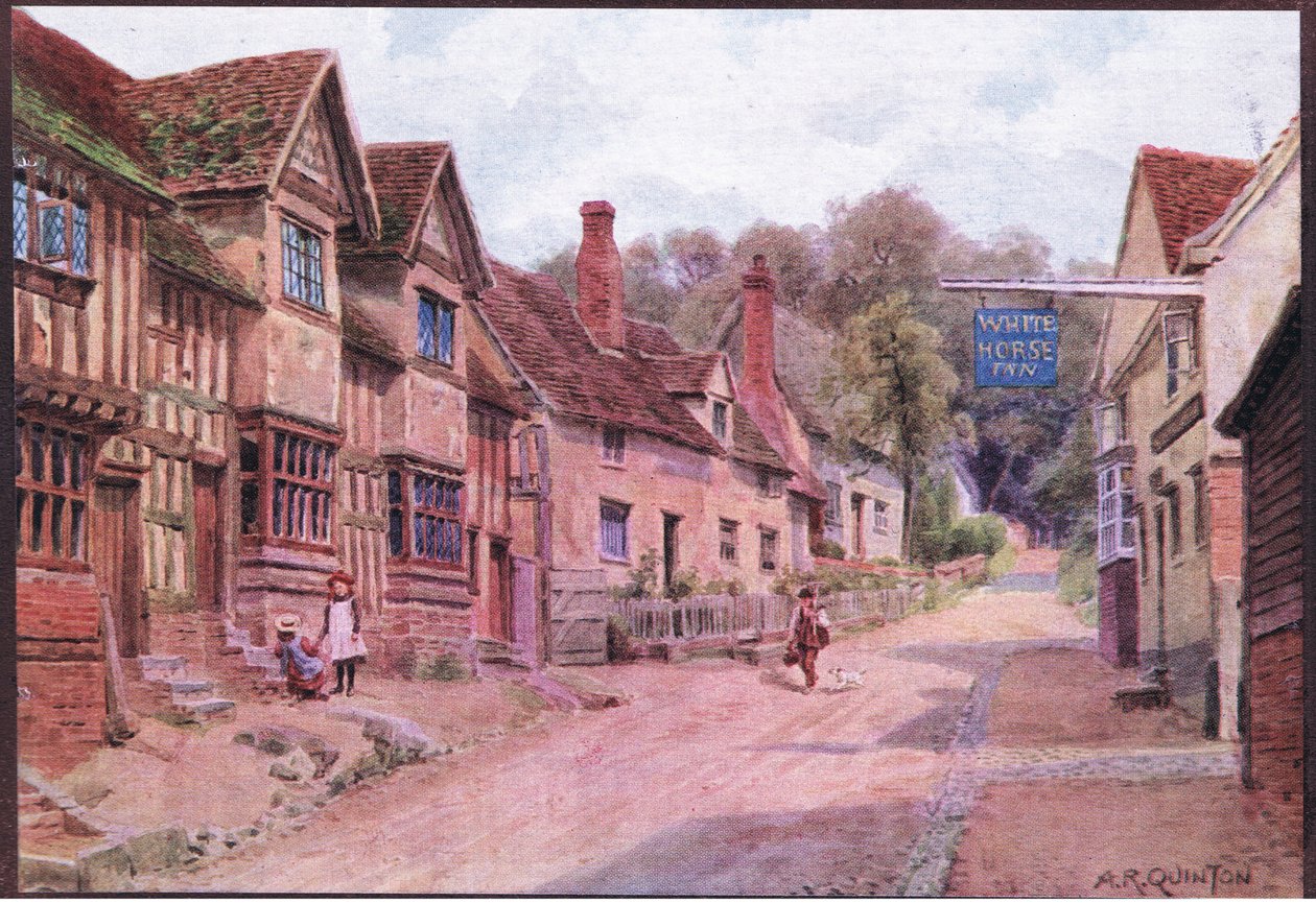 Domy dawniej zajmowane przez tkaczy, Kersey, Suffolk, z książki The Cottages and the Village Life of Rural England wydanej przez Dent & Sons Limited autorstwa Alfred Robert Quinton